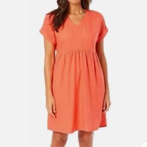 Briggs Ladies' V-neck Rolled short sleeve Linen Blend Dress (Pockets) Coral Sz M